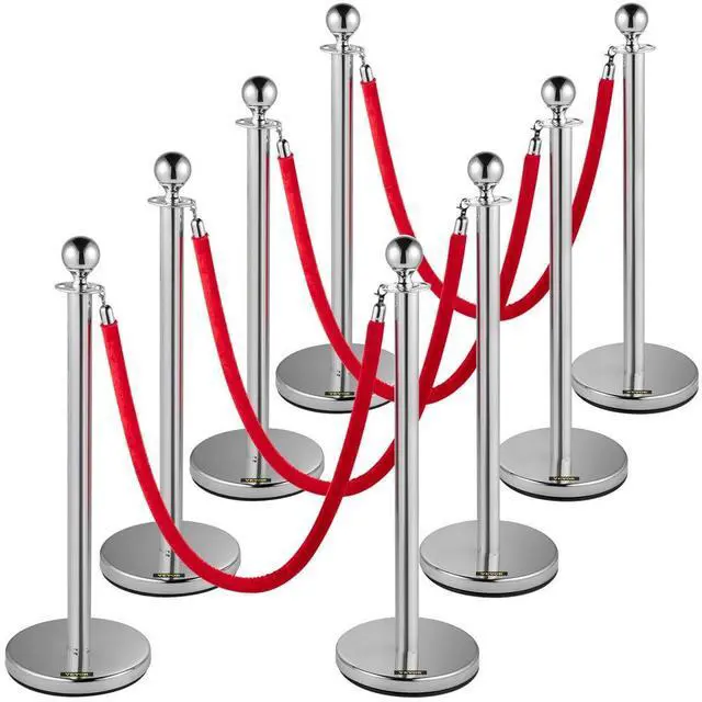 Main image of VEVOR Crowd Control Stanchion, Set of 8 Pieces Silver Stanchion Set, Stanchion Set with 5 ft/1.5 m Red Velvet Rope, Crowd Control Barrier with Sturdy Concrete and Metal Base