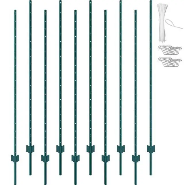 Main image of VEVOR 6 Feet Fence Post, 10 Pack U-Channel Heavy Duty Metal Fence Posts, Sturdy Steel Fence Stakes for Garden Yard, Lawn, Farms and Outdoor Wire Fencing, Green