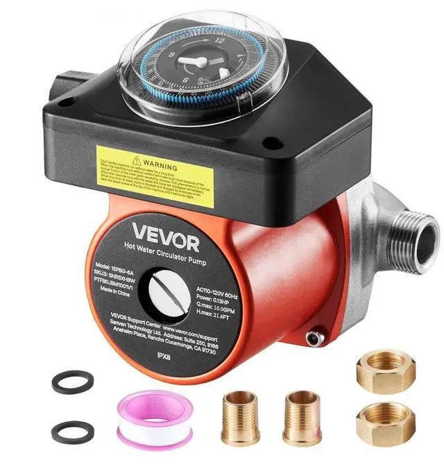 Main image of VEVOR Hot Water Recirculating Pump, with Timer, 10 GPM Instant Recirculation Pump Kit, Circulation Circulator System, 0.13 HP AC 110-120V, NPT 3/4 in to NPT 1/2 in Connector, for Solar Water Heater