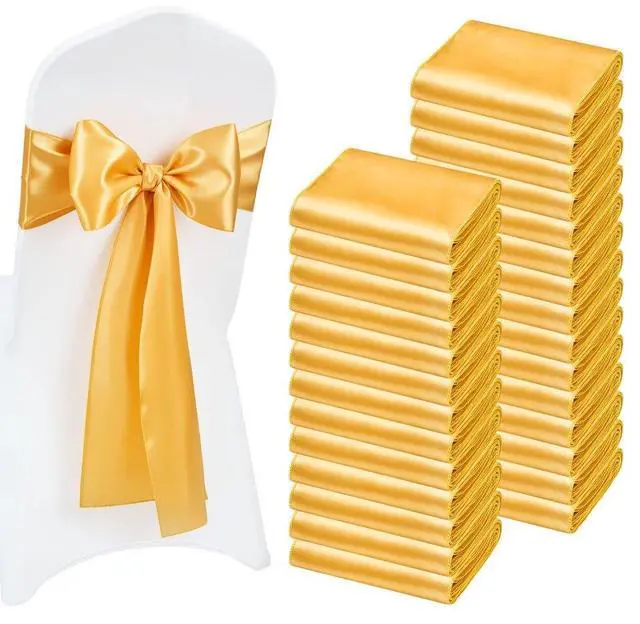Main image of VEVOR Satin Chair Sashes Bows, 100PCS Chair Ribbon Ties Back Sash, 7 x 108 inch, Gold Wedding Reception Decoration, for Wedding Ceremony Baby Shower Party Events Banquet Chair Cover Decoration