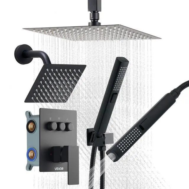 Main image of VEVOR Shower Faucet Set, 10 Inch Ceiling Mount Rainfall Shower System with 6 Inch Wall Mount Head and 2 in 1 Handheld Spray, Rotatable 3-Function Dual Rain Head Brass Valve and Trim Kit, Matte Black