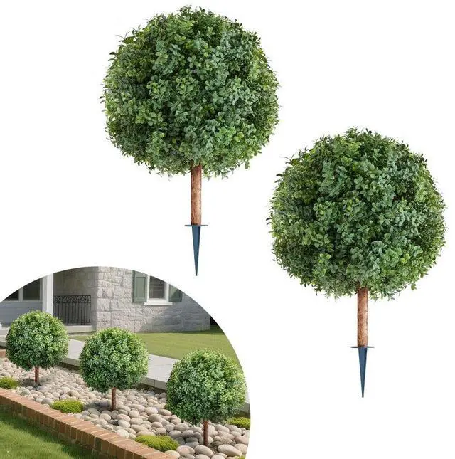 Main image of VEVOR Artificial Topiary Boxwood Trees with Ground Spike, 27 inch 2 Set Faux Shrubs & Bushes Potted Plants, Fake Silk Tree Look Real for Decor Front Porch Outdoor Indoor Patio Garden Balcony Backyard