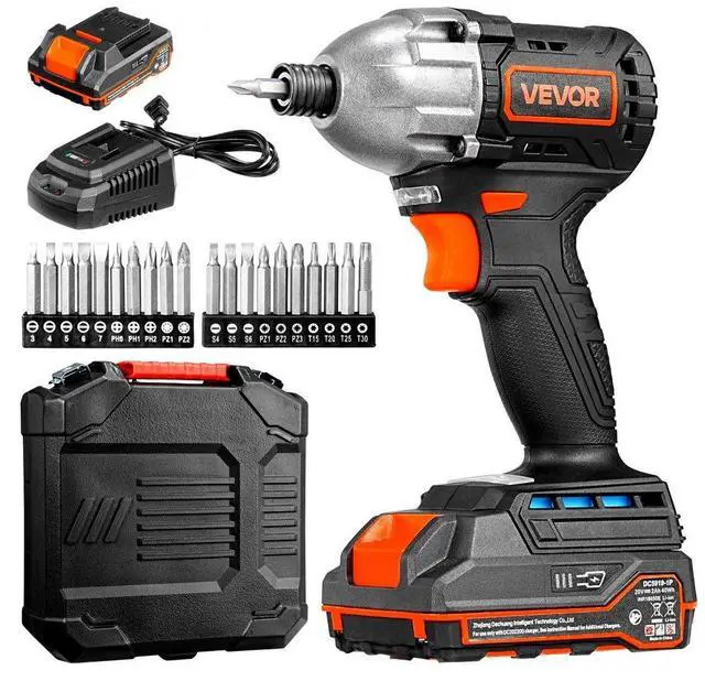 Main image of VEVOR Impact Driver, 1/4 Inch, 2800 RPM Max Speed, 20 V Brushless Motor, Electric Cordless Impact Driver Kit with Battery and Charger, 20 Bits, LED Work Light, for Furniture, Electrical, Home Repairs