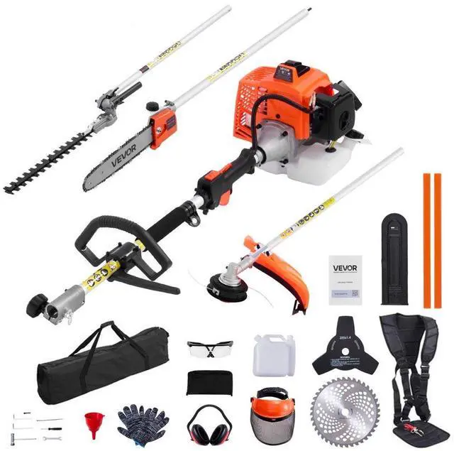 Main image of VEVOR Gas Hedge Trimmer, 2 Cycle Gas Power Handheld Hedge Trimmer, 5-in-1 63cc Cordless Weed Eater with Protective Gear Set, Includes Hedge and String Trimmer, Brush Cutter(3T & 40T Blades), Pole Saw
