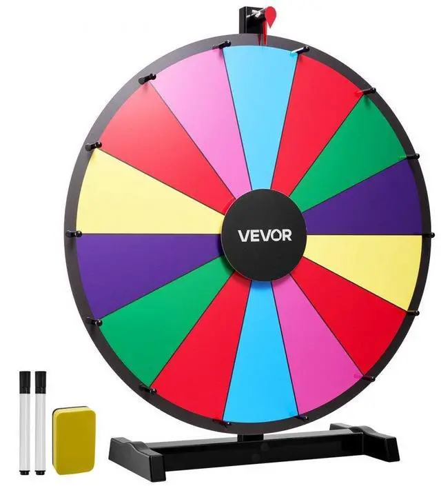 VEVOR 24 in Spinning Prize Wheel, 14 Slots Spinning Wheel with Stand, Tabletop Win Fortune Roulette with a Dry Erase and 2 Markers, 6 Colors, Easy Assembly, for Party Pub Trade Show Carnival Events