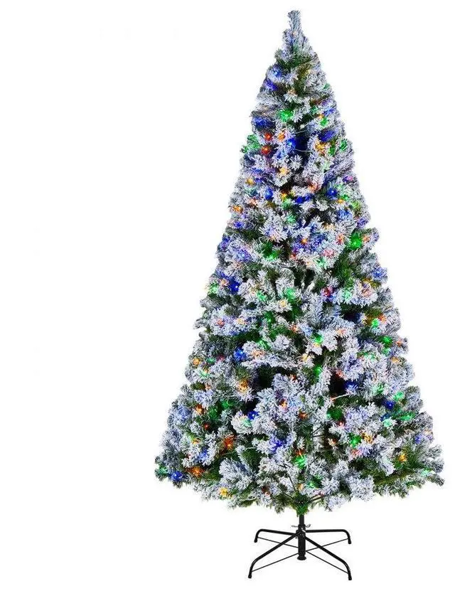 VEVOR Christmas Tree, 7.2ft Prelit Flocked Artificial Tree, Full Holiday Xmas Deco Trees with 470 Colorful LED Lights, 11 Lighting Modes & 1346 Branch Tips for Home Party Office Decoration