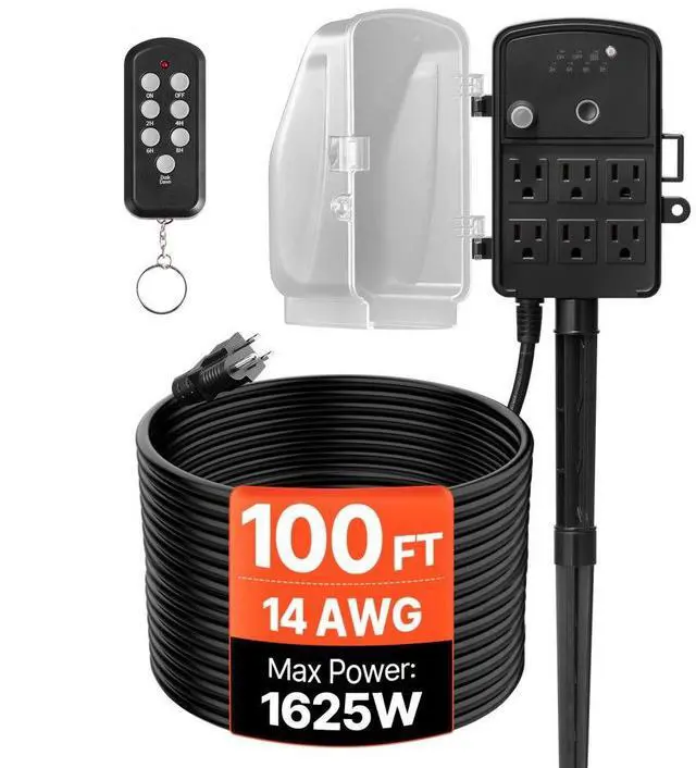 Main image of VEVOR Outdoor Power Stake, 100FT Extension Cord, Outdoor Power Strip Weatherproof with Cover, Remote Control Dusk to Dawn Light Timer Waterproof, 6 Outlets, 1625W/13A, for Christmas Lights, Garden