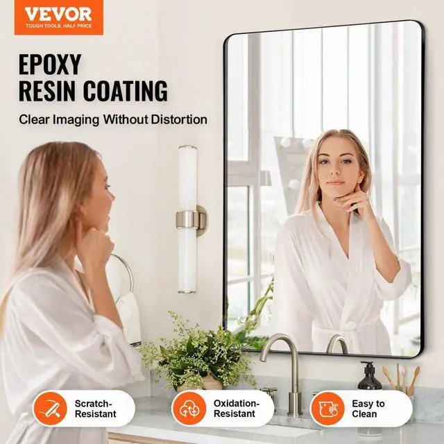 Main image of VEVOR Wall Mounted Makeup Mirror, 0.15" Thick, 24" x 36" Mirror with Aluminium Alloy Frame & Explosion-Proof Film, Scratch-Resistant Mirror with Z-Shaped Bracket, Fit for Bathroom/Bedroom/Living Room