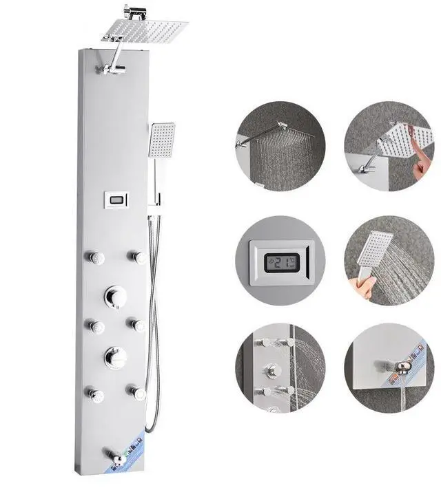 Main image of VEVOR Shower Panel Tower System with Rainfall Shower Head, LED, 49 in Brushed Stainless Steel Shower Column, 4-Function Faucet, Wall-Mount Rain Massage System with 6 Body Jets, Handheld, and Tub Spout