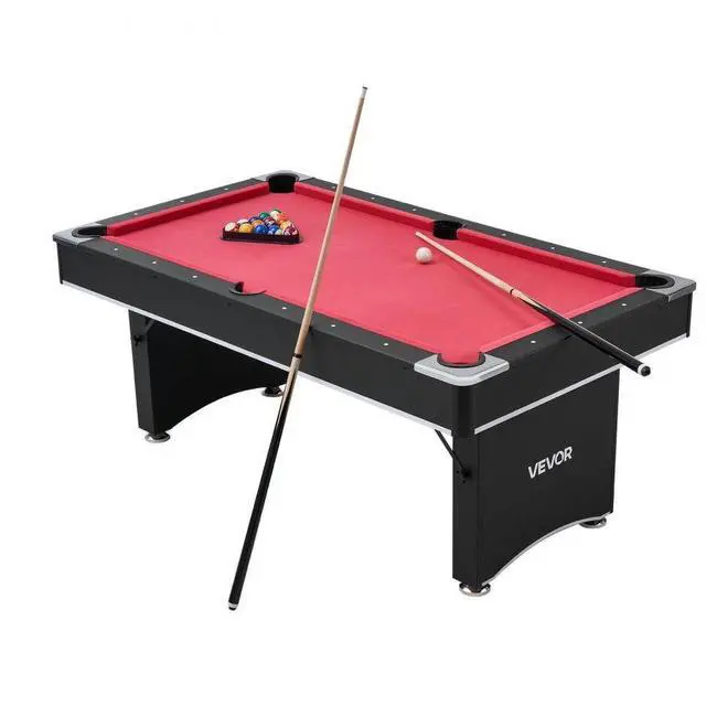 Main image of VEVOR Pool Table, 6 ft Portable Billiards Tables, Adjustable Feet Stable Game Table, Entertainment Set Includes Ball, Cue, Rack, Chalk and Brush, Black with Red Cloth, for Family Use, Recreation Room