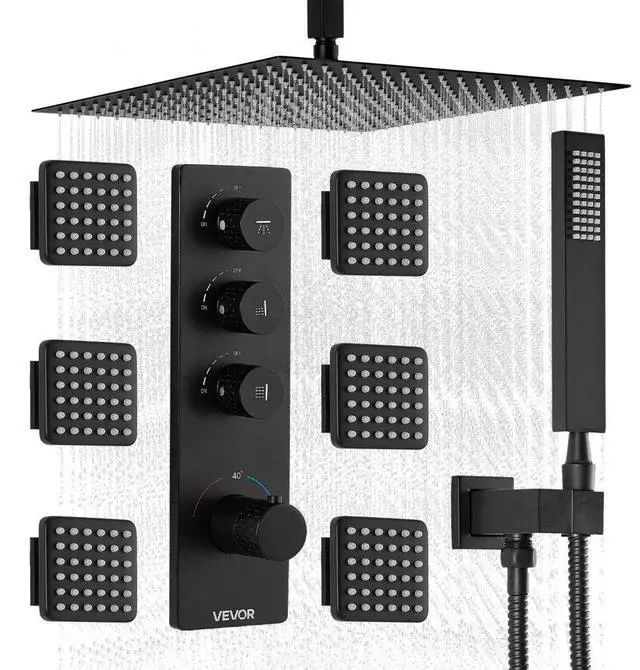 Main image of VEVOR Shower Faucet Set, 16 Inch Thermostatic Ceiling Mount Rainfall Shower System with 6 Body Jets and Handheld Spray, Rotatable 3-Function Rain Head Complete Brass Valve and Trim Kit, Matte Black