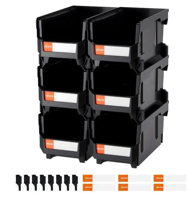 Main image of VEVOR Plastic Stackable Storage Bins, 14.8 x 8.5 x 7.1 inch (6 Pack), Plastic Containers for Organizing and Storage Bins for Closet, Garage, Small Parts, Office Supplies and Other Accessories, Black