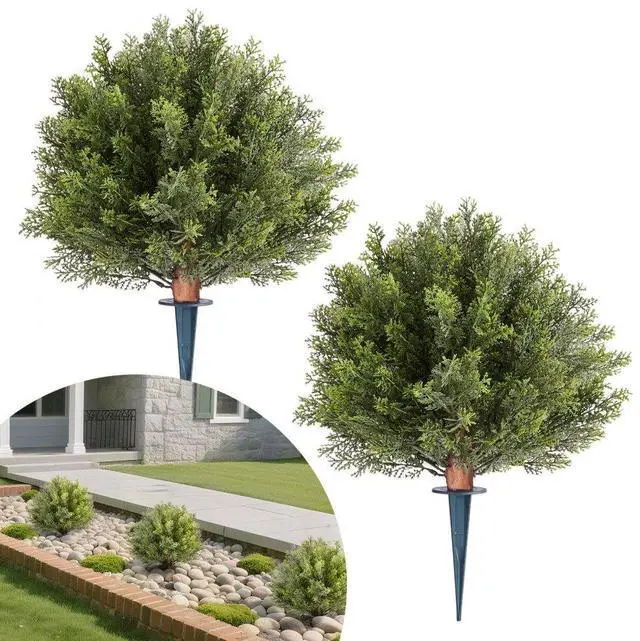 Main image of VEVOR Artificial Topiary Cypress Trees with Ground Spike, 16 inch 2 Set Faux Shrubs & Bushes Potted Plants, Fake Silk Tree Look Real for Decor Front Porch Outdoor Indoor Patio Garden Balcony Backyard