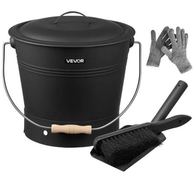 Main image of VEVOR Ash Bucket, 4 PCS with Lid, Shovel, Broom and Gloves, Metal Fireplace Charcoal Bucket and Ash Can, 2.6 GAL Large Capacity for Fireplace, Fire Pits, Wood Burning Stoves, Indoor and Outdoor