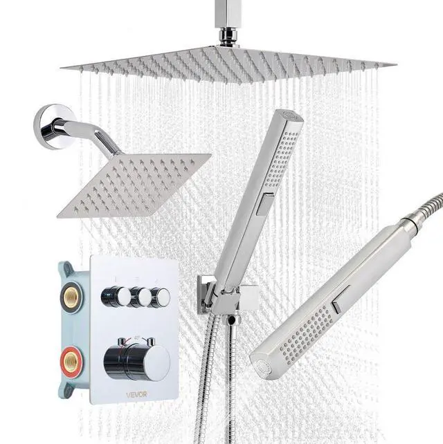 Main image of VEVOR Shower Faucet Set, 12 Inch Thermostatic Ceiling Mount Rainfall Shower System with 6 Inch Wall Mount Head and 2 in 1 Handheld Spray, 3-Function Dual Rain Head Brass Valve and Trim Kit, Chrome