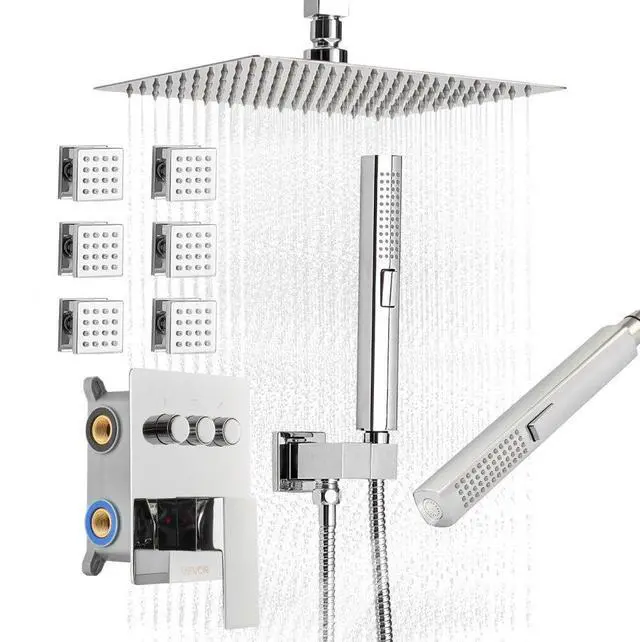 Main image of VEVOR Shower Faucet Set, 10 Inch Ceiling Mount Rainfall Shower System with 6 Body Jets and 2 in 1 Handheld Spray, Rotatable 3-Function Rain Head System Set, Complete Brass Valve and Trim Kit, Chrome