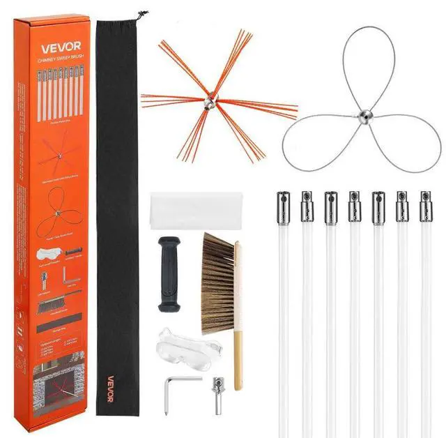 Main image of VEVOR Chimney Sweep Kit, 23 ft Maximum Extendable Length Chimney Brush, Chimney Cleaner Sweeper with Dual Brush Heads, Brush & Goggles, Fireplace Cleaning Tool for Square, Rectangle, Arch Chimneys
