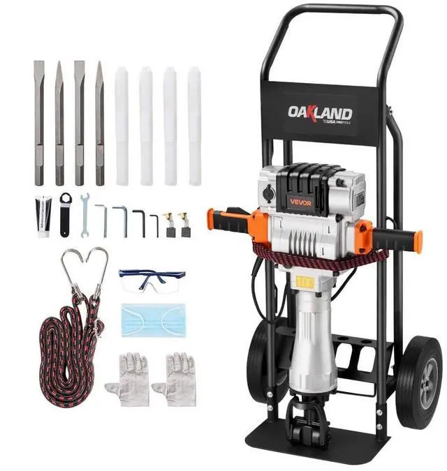 Main image of VEVOR Demolition Jack Hammer, 2100 W Powerful Electric Jackhammer, 1650 BPM Concrete Breaker with 2 Point Chisels, 2 Flat Chisels, Hand Trolley, Gloves, for Concrete, Wall, Brick, Tile and Foundation
