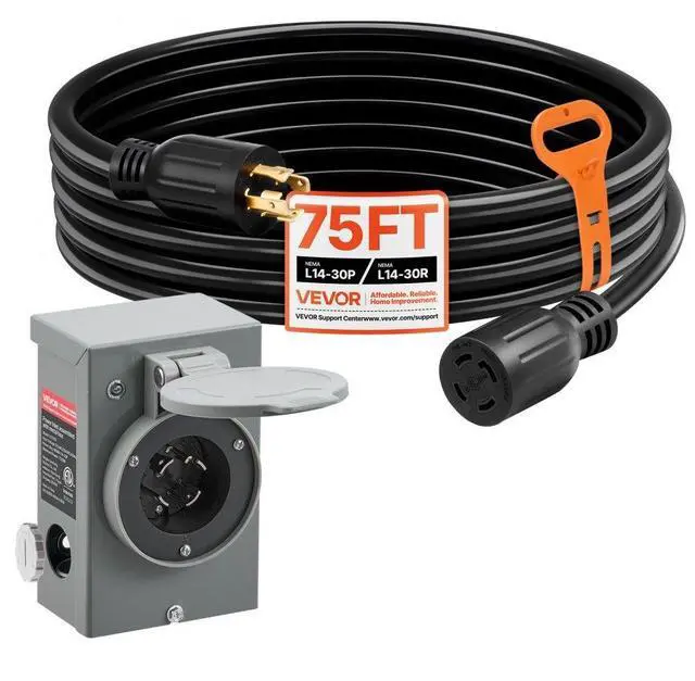 Main image of VEVOR 30 Amp Generator Cord and Power Inlet Box, 75 FT, 125/250V NEMA L14-30P to L14-30R Heavy Duty Extension Power Cord, SJTW 10 Gauge 7500W, Pre-Drilled Inlet Box, for Generator to House, ETL Listed
