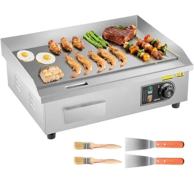 Main image of VEVOR Commercial Electric Griddle, 21 x 11.8 inch, 1750W, 122-570°F Adjustable Temp Control, Stainless Steel Countertop Flat Top Grill with 2 Spatulas, 2 Brushes and 4 Foot Pads, for Steak, Pancake