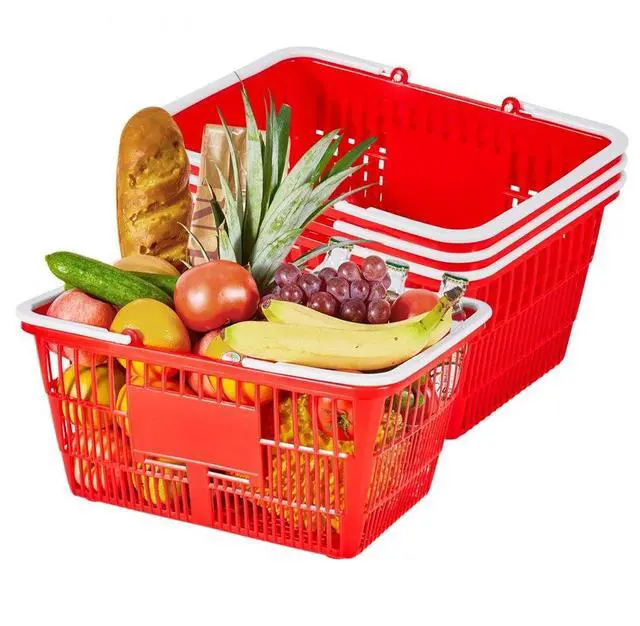 Main image of VEVOR Shopping Baskets, 4 PCS, 21L Stackable PE Plastic Grocery Baskets with Handles, Dense Mesh Structure, Holds up to 20 lbs, Portable for Grocery, Retail, Stores, Supermarket, Home Use, Red