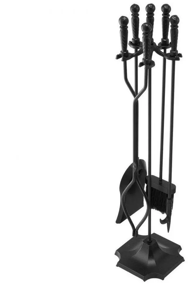Main image of VEVOR Fireplace Tool Set, 5 PCS Fire Tool Set and Holder with Five-Prong Stand, Tongs, Ash Shovel, Brush, Fire Place Poker, Wrought Iron Fireplace Accessories for Campfire Indoor/Outdoor, Black