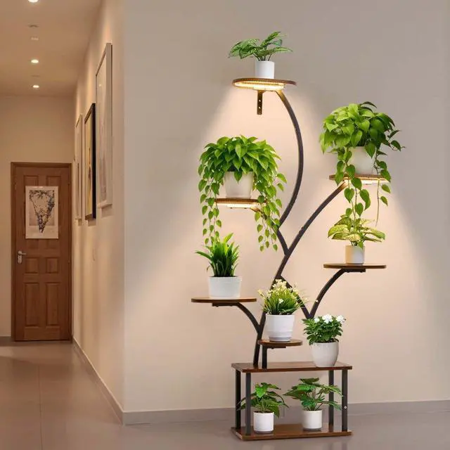Main image of VEVOR Plant Stand Indoor with Grow Lights, 62 in Tall 8-Tier Lighted Plant Shelf, Metal Corner Plants Holder, 3 Timer & 10 Brightness, Tree-Shaped Flower Display Rack for Living Room Balcony Decor