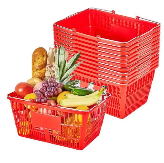 Main image of VEVOR Shopping Baskets, 12 PCS, 21L Stackable PE Plastic Grocery Baskets with Metal Handles, Dense Mesh Structure, Holds up to 20 lbs, Portable for Grocery, Retail, Stores, Supermarket, Home Use, Red