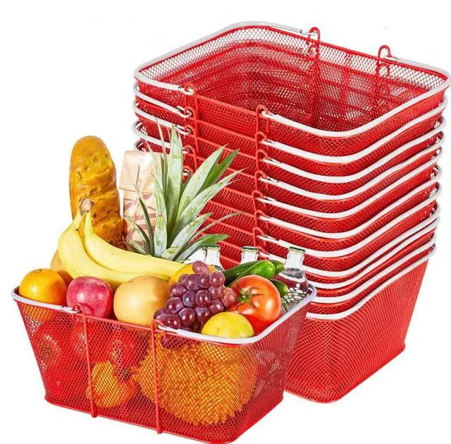 Main image of VEVOR Shopping Baskets, 12 PCS, 22L Stackable Metal Grocery Baskets with Handles, Dense Mesh Structure, Holds up to 44 lbs, Portable for Grocery, Retail, Stores, Supermarket, Bookstore, Home Use, Red
