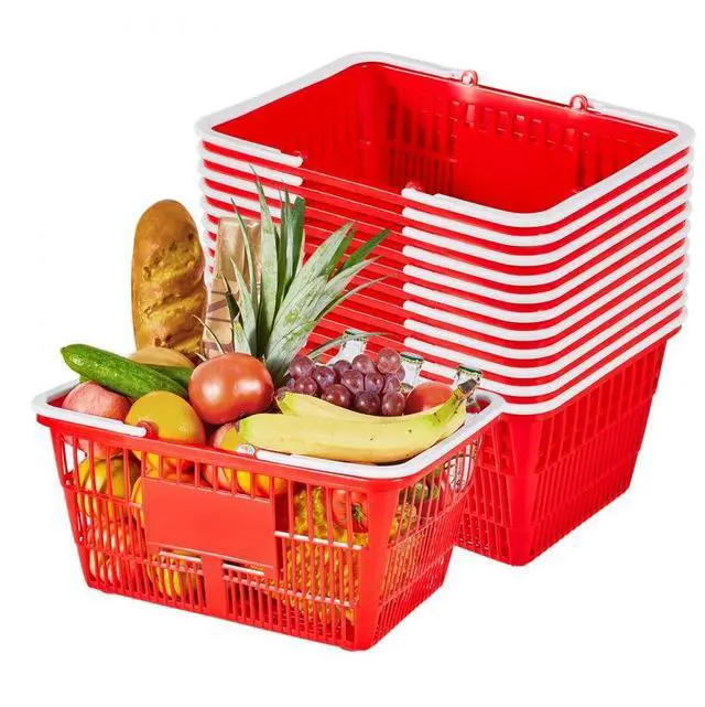 Main image of VEVOR Shopping Baskets, 12 PCS, 21L Stackable PE Plastic Grocery Baskets with Handles, Dense Mesh Structure, Holds up to 20 lbs, Portable for Grocery, Retail, Stores, Supermarket, Home Use, Red