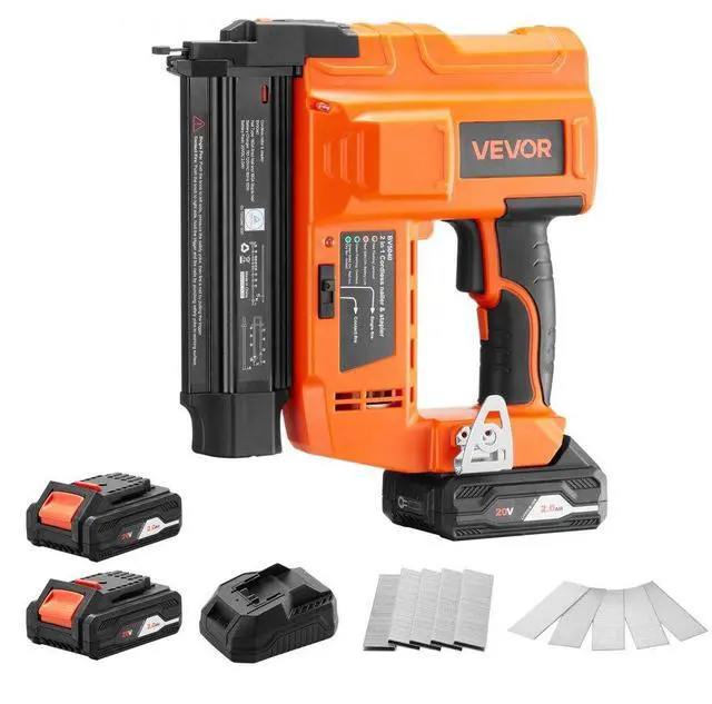Main image of VEVOR 2-in-1 Cordless Brad Nailer, 18 Gauge, 20V Battery Powered Nail Gun and Staple Gun, with 500 pcs Nails, 500 pcs Staples, 2 x 2.0 Ah Li-ion Batteries, Charger, for Home Improvement, Woodworking