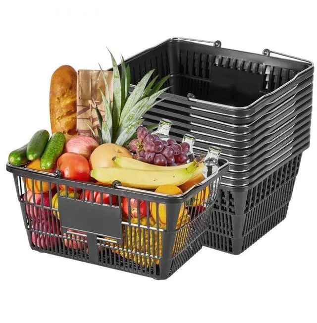 Main image of VEVOR Shopping Baskets, 12 PCS, 21L Stackable PE Plastic Grocery Baskets with Handles, Dense Mesh Structure, Holds up to 20 lbs, Portable for Grocery, Retail, Stores, Supermarket, Home Use, Black