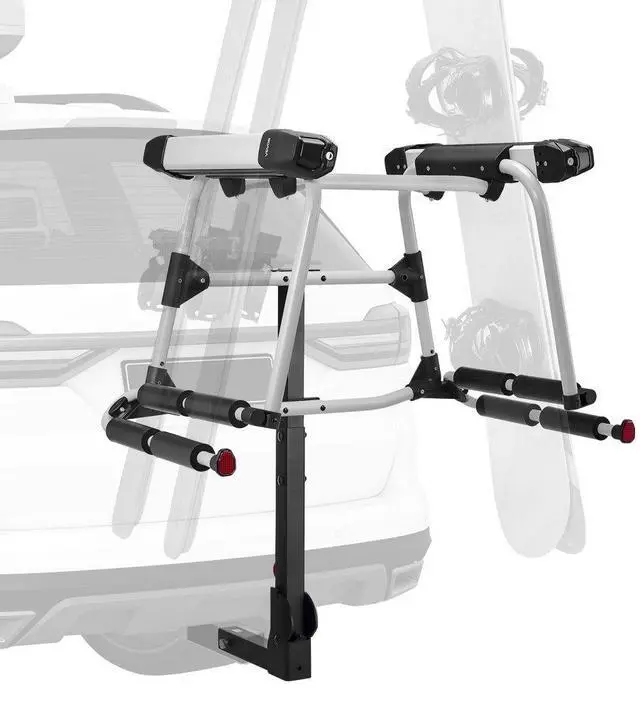 Main image of VEVOR Hitch Mounted Ski & Snowboard Rack, Fits 2-Inch Receiver, Carries up to 6 Pairs of Skis or 4 Snowboards, Hitch-Mounted Rack for Car with Key Lock, Security Strap, Tilt Access, Rubber Padding