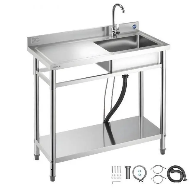 Main image of VEVOR Stainless Steel Utility Sink, Free Standing Single Bowl Commercial Kitchen Sink with Faucet, 39.4 x 19.7 x 37 in, Utility Left Basin with Hot & Cold Water Pipe for Garage, Restaurant, Laundry