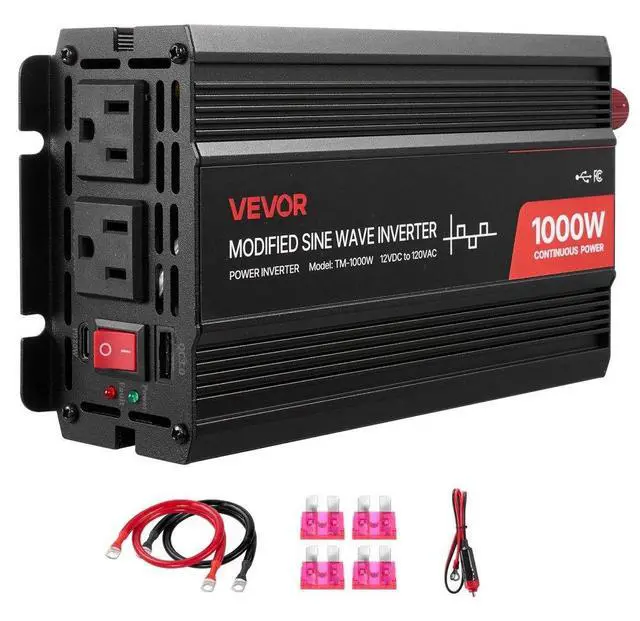 Main image of VEVOR 1000W Power Inverter, 12V DC to 120V AC Modified Sine Wave Inverter, Car Charger Converter with USB & Type-C Port, 2 AC Outlets, LED Indicator Light, Ideal for RV, Truck Outdoor Camping