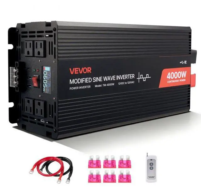 Main image of VEVOR 4000W Power Inverter, 12V DC to 120V AC Modified Sine Wave Inverter, Solar Car Charger Converter with LCD Display, Remote Control, 2 USB Ports, 4 AC Outlets, Type-C Port, for RV, Truck Outdoor