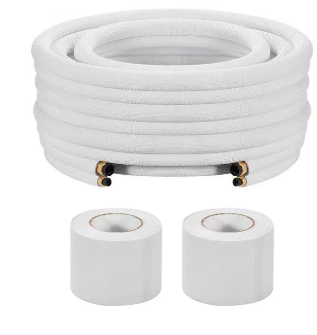 Main image of VEVOR 100ft Mini Split Line Set, 3/8 & 5/8 OD AC Copper Tubing Pipe, 3/8 White PE Thickened Insulated Coil with Flared Nuts, Strapping Tapes, for Mini Split Air Conditioner HVAC or Heat Pump System