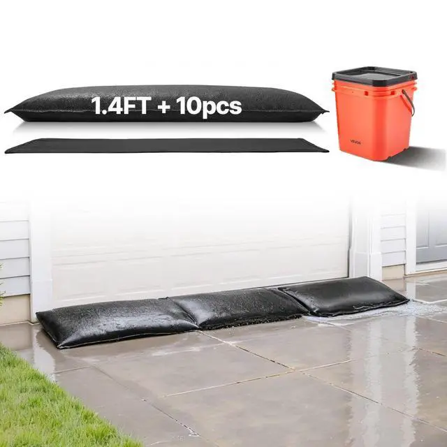 Main image of VEVOR Flood Barrier, 10 Pack, 1.4 x 2.7 ft Flood Bags with Bucket, Reusable Water Absorbent Barrier Activated by Water, Sandless Sandbags Blockage, Flooding Prevention Bags for Door, Basement, Garage
