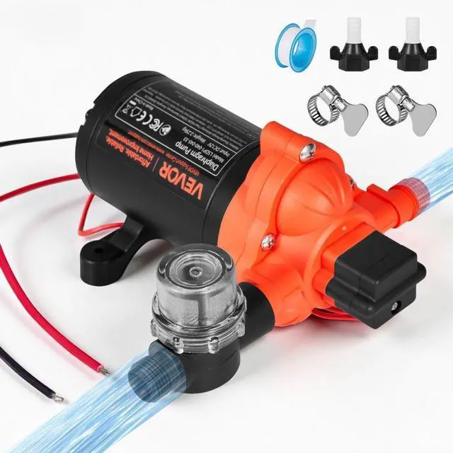 Main image of VEVOR RV Water Pump, 12V DC 4 GPM (15.1 L/min), 3-Chamber Self-Priming Diaphragm Water Pump with Automatic Pressure Switch, 40 PSI Max Pressure, On Demand for RV, Caravan, Marine, Yacht, Car Washing