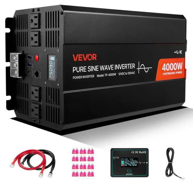 Main image of VEVOR 4000W Power Inverter, 12V DC to 120V AC Pure Sine Wave Inverter, Solar Car Charger Converter with LCD Display, Remote Control, 2 USB Ports, 4 AC Outlets, Type-C Port, for RV, Truck Outdoor