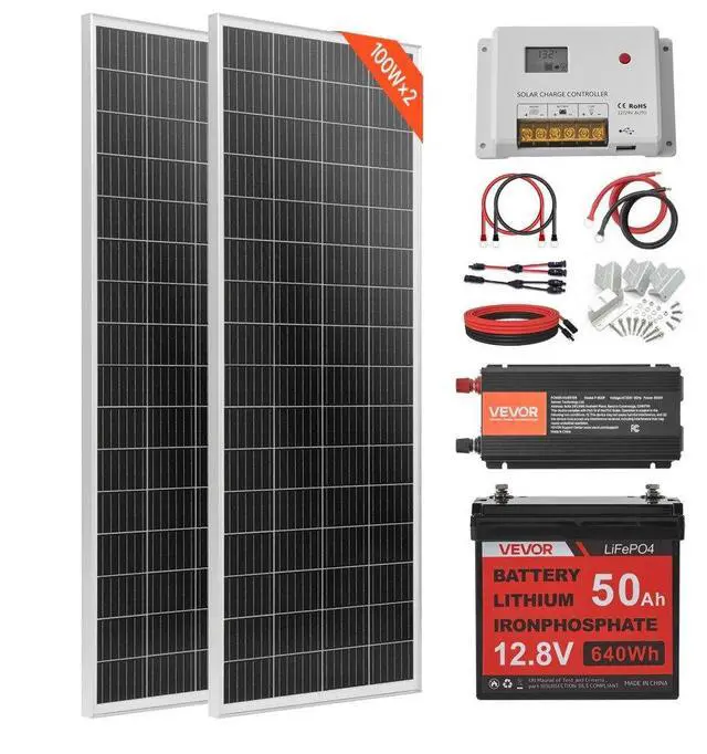 Main image of VVEVOR 200W 12V Complete Solar Power Kit, 2PCS 100W Monocrystalline Solar Panels + 12.8V 50Ah LiFePO Battery + 40A Charge Controller + 800W Power Inverter, Ideal for RV Home Camping Boat Off-Grid