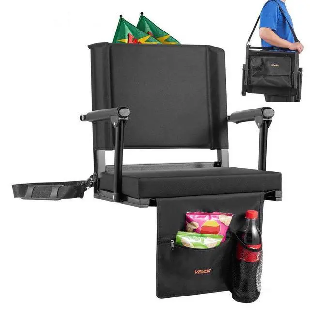 Main image of VEVOR Stadium Seat, Portable Bleacher Seat with Armrest, Back Support and Thick Cushion, Bench Chair for Bleacher Includes Shoulder Strap, Hooks, Cup Holder, Black Football Bleachers Seats, 1PCS