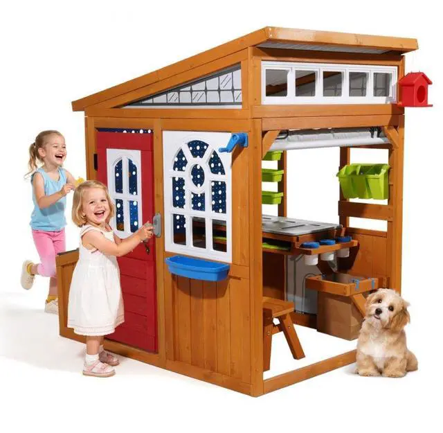 Main image of VEVOR Outdoor Playhouse, Cedar Wooden Kids Playhouse with Bird Nest, Doorbell, Trash Bin, Gravity Wall Set, Storage Pocket, Windowsill, Wooden Kids Cottage for Aged 3 to 10, Rounded Corners