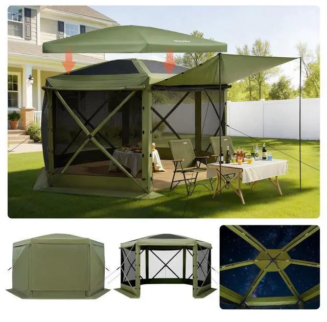 Main image of VEVOR Pop up Gazebo Screen Tent, 10 x 10 ft Large 6-Sided Camping Canopy Tent with Removable Top & Carry Bag, Quick-Set & Bite-Proof, Screen House Sun Shelter for 6-8 Persons Backyard Patio, Green