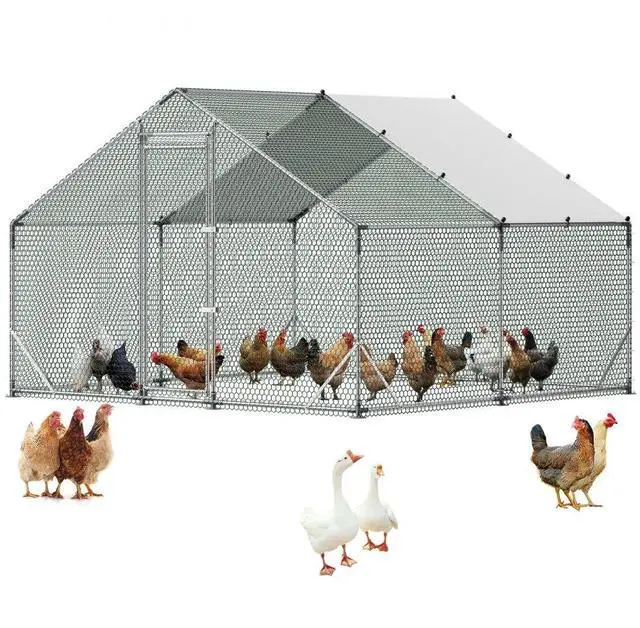 Main image of VEVOR Large Metal Chicken Coop,9.8 x 9.8 x 6.6 ft, Walk-in Chicken Run House with Waterproof Cover & Sturdy Frame, Spire Roof Poultry Cage Duck Pen for Rabbit Hen Goose Outdoor Backyard Farm Use