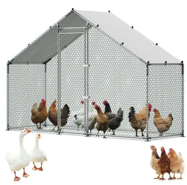 Main image of VEVOR Large Metal Chicken Coop,9.8 x 3.3 x 6.6 ft, Walk-in Chicken Run House with Waterproof Cover & Sturdy Frame, Spire Roof Poultry Cage Duck Pen for Rabbit Hen Goose Outdoor Backyard Farm Use