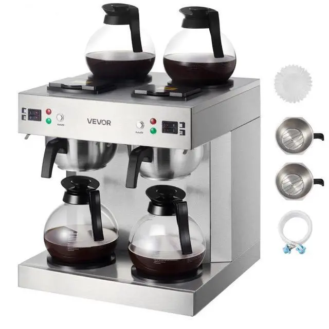 Main image of VEVOR Commercial Drip Coffee Maker, 24 Cups Coffee-Maker Machine with 4 Glass Carafes and 4 Decanter Warmer Plates, Stainless Steel Dual-Head Coffee Brewer, for Restaurant, Office, Coffee Shop & Home