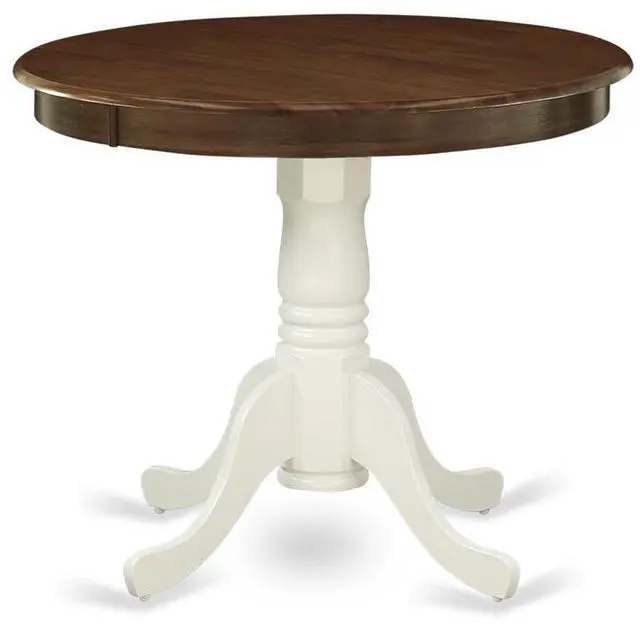 Alt view image 3 of 4 - AMT-WLW-TP Antique Dining Table Made of Rubber Wood offering Walnut Finish Table Top, 36 Inch Round, Linen White Pedestal