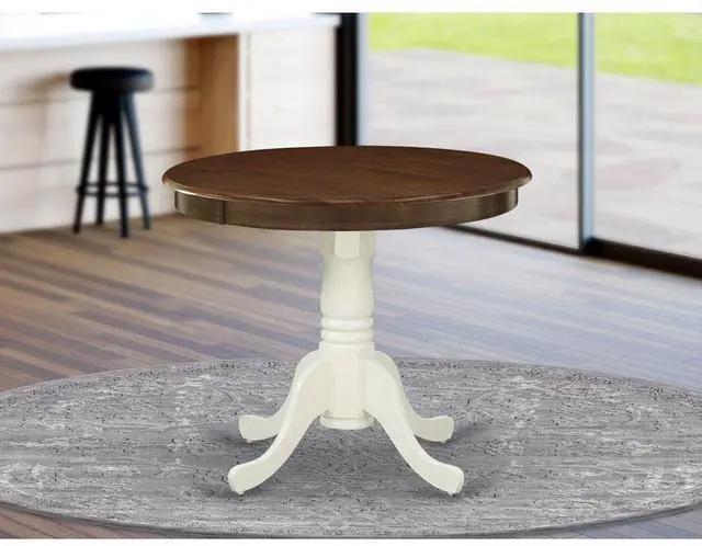 Alt view image 4 of 4 - AMT-WLW-TP Antique Dining Table Made of Rubber Wood offering Walnut Finish Table Top, 36 Inch Round, Linen White Pedestal