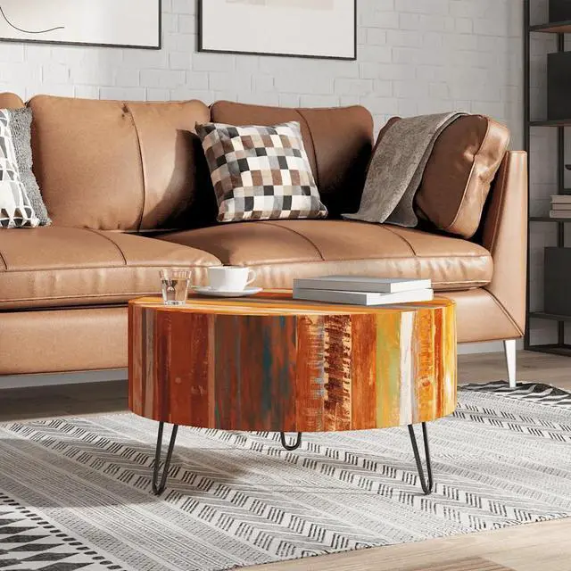 Alt view image 15 of 17 - vidaXL Coffee Table Round End Table with Iron Pin Legs Solid Wood Reclaimed